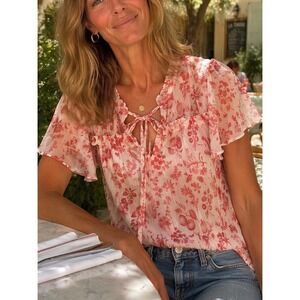 Maison d'Amélie Womens Blouse Red White Toile Print XL Tie Neck‎ French Coquette